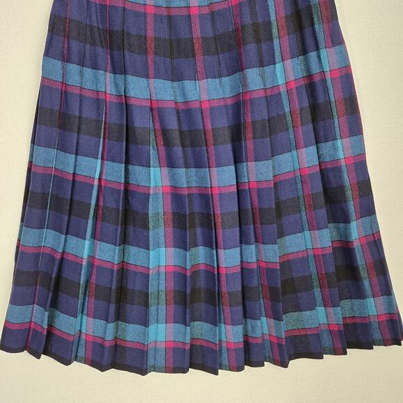 VTG Tan Jay Wool Blend Pleated Plaid Skirt Sz 14* Blue Teal Pink Preppy Academia - Picture 3 of 12